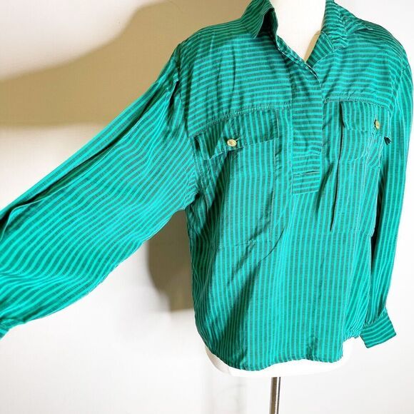 Vintage 80s Size M/L Silk Blouse Green Striped Popover Tunic Francesca of Damon - Picture 2 of 16